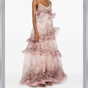 Zimmermann Elegant ruffle Pink organza gown with Pearl Detailing.